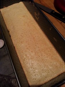The first baked layer in the extra long loaf tin