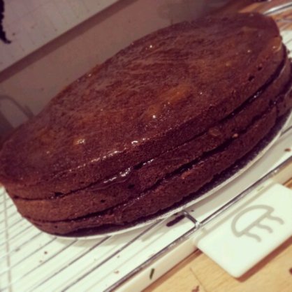 Glazed and stacked triple layer sachertorte