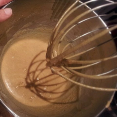 Whisk into the sugar, the melted butter, double cream, vanilla, speculoos butter and a splosh of milk