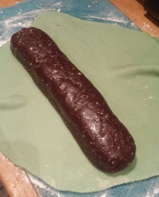 Chocolate Sausage ready to be wrapped in marzipan