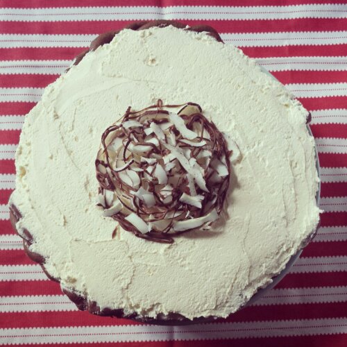 Coconut curls and chocolate drizzle. Haupai Pie part deux