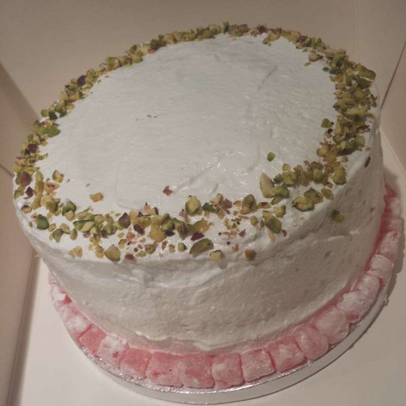 Cramming many international elements into one cake: A 4 layer Iranian Pistachio Cake, with homemade lemon curd, Turkish Delight and Rose Italian Meringue