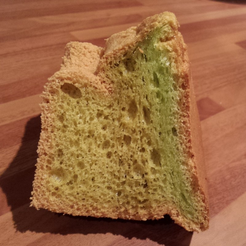 A slightly squashed slice of Pandan Chiffon Cake