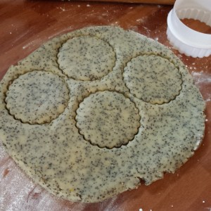 Fancy fluted cookie shapes: Cutting out the Lemon Poppy Seed Cookies 