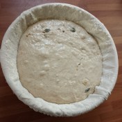 Proving in my round bannetone basket with a cotton liner to prevent it sticking. You can place it directly into the basket if you prefer to get the pretty swirls imprinted on your loaf