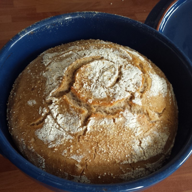 After! Look at that oven spring! This loaf expanded so much it was touching the top of the pot!