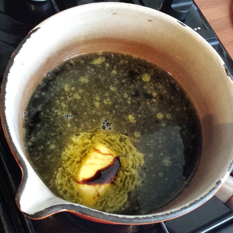 Heat butter, espresso, treacle, and water in a pan until butter is melted
